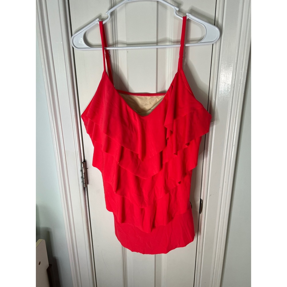 Vanishing Act Red Tiered Ruffle Tankini Swim Top Adjustable Straps Size 18